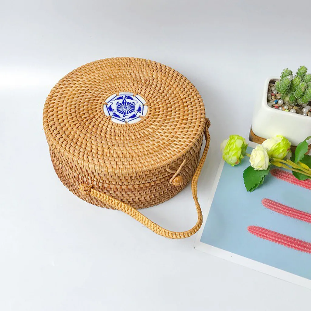 

Circle Handwoven Bali Round Retro Rattan Straw Handbag Crossbody Dropshipping Borsa a tracolla da donna#Ft