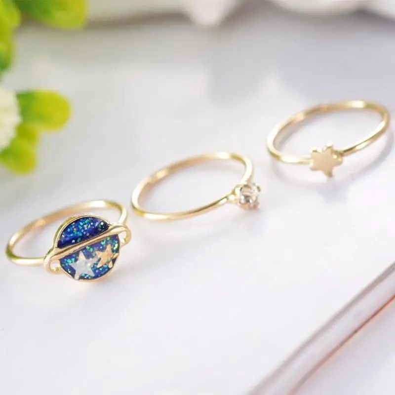 

3 pcs/Set Elegant Unique Cabochon Galaxy Star Rings For Women Round Planet Model Knuckle Jewelry Finger Accessories Wholesale