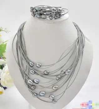 

Hot sale new Style >>>>15row 13mm black rice pearl gray leather necklace & bracelet