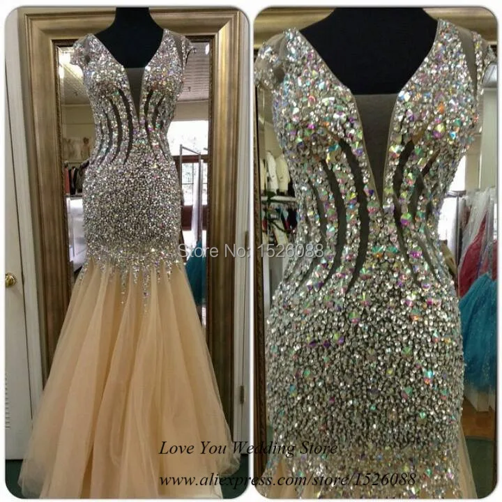 Robe de Soiree Длинные Роскошные хрустальные вечерние платья Шампанское тюль Русалка