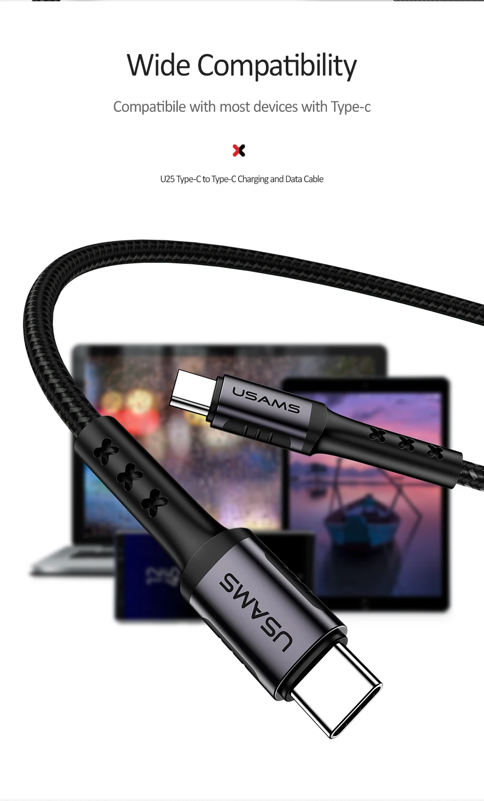 Кабель USAMS type-C-type-C, 3 А, кабель для быстрой зарядки, синхронизации данных, телефона, для MacBook, нейлоновая оплетка, шнур USBC для samsung, Xiaomi, Oneplus