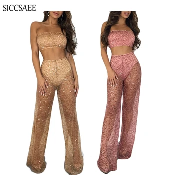 

Sequins Strapless Outfits For Women Sexy Club Wear Crop Top Wide Leg Pants Suits Backless Overalls Glitter Two Piece Set Sparkly