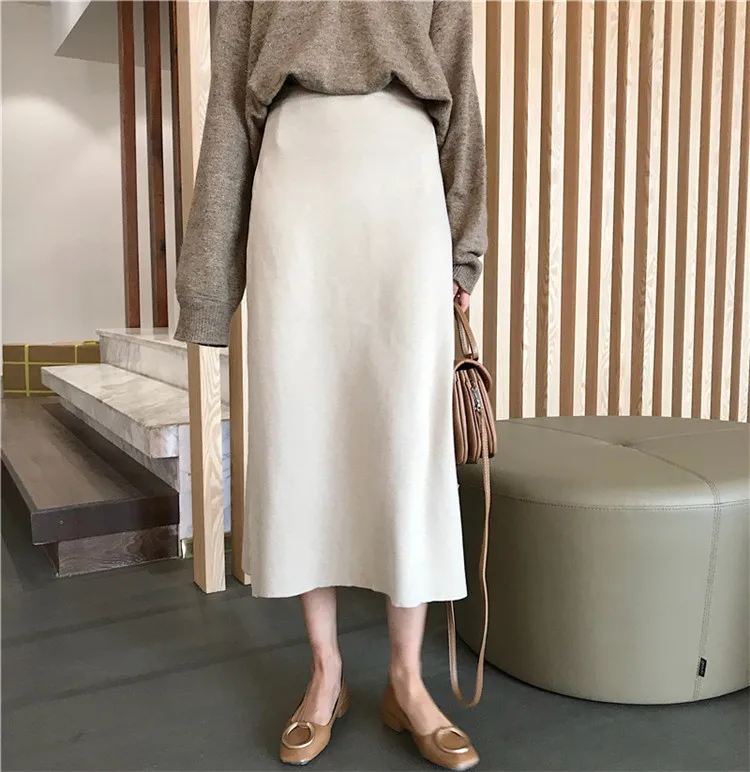 

Pengpious good quality slim hips knitted skirts for female solid color ankle-length office lady elastic waist pencil skirts nice