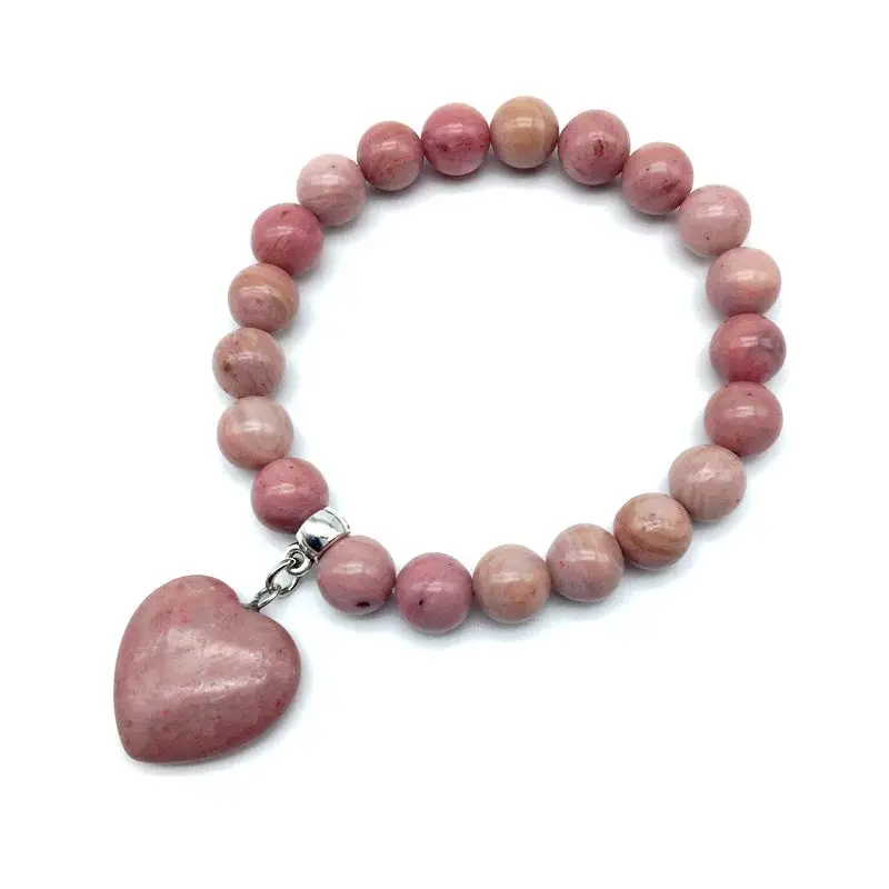 

New Arrival Natural Stone Beads Elastic Silver Color Bangle Heart Charm Bracelet Pink Rhodonite Stone Jewelry