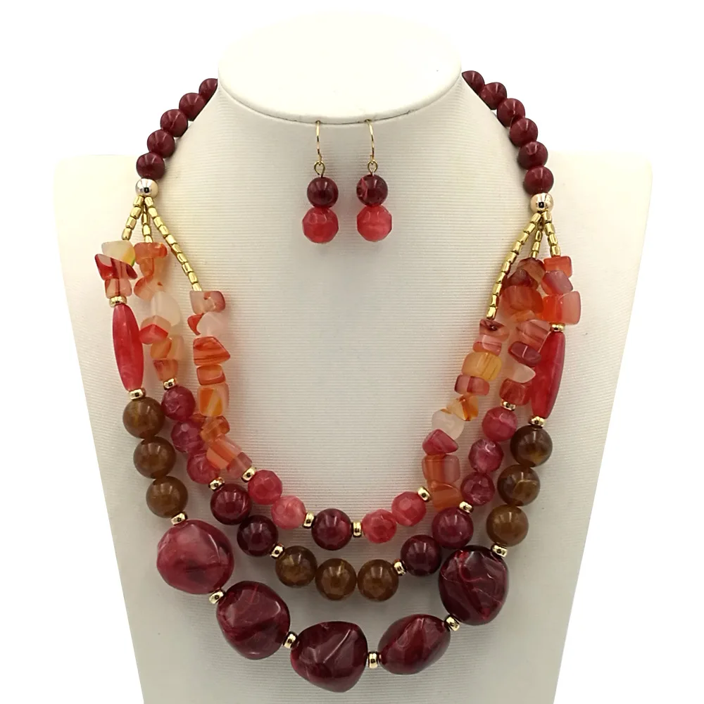 

2018 New Handmade Resin Beaded Beads Jewelry Set Bohemian 3 Circles Layered Chain Clavicle Necklace Earrings Sets Dropshipping