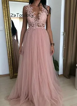 

Cheap Pink Evening Dress A Line Bodice Lace Tulle Long Women's Formal Wear Party Evening Gowns Plus Size Evening Ceremony Dress