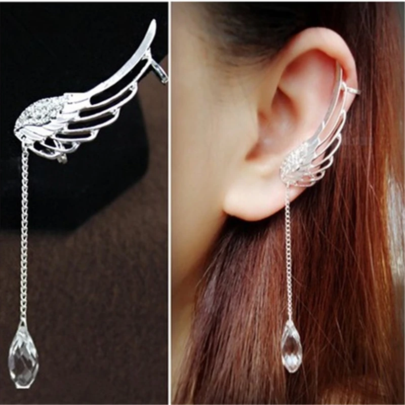 

H:HYDE New 1pc Fashion Long Tassel White Crystal Unique Wings Shape Clip Earrings Personality Earrings Jewelry for Women