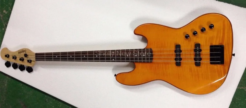 

Shelly new store factory custom natural flame maple top alder body 4 strings black bridge active wire Jazz electric bass guitar