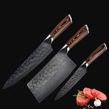 

3PCS/SET Damascus steel chef set knife color wood household tools high-end gift kitchen set ZP01031519