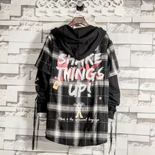 Клетчатая свободная Мужская рубашка с капюшоном, повседневная мужская рубашка в клетку с длинным рукавом, большие размеры, мужские рубашки в клетку Ulzzang T6V33