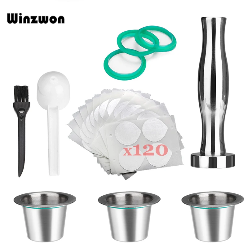 

3Pcs Stainless Steel Refillable Nespresso Coffee Capsules Coffee Powder Hammer With 120Pcs Espresso Lids For Nespresso Machines
