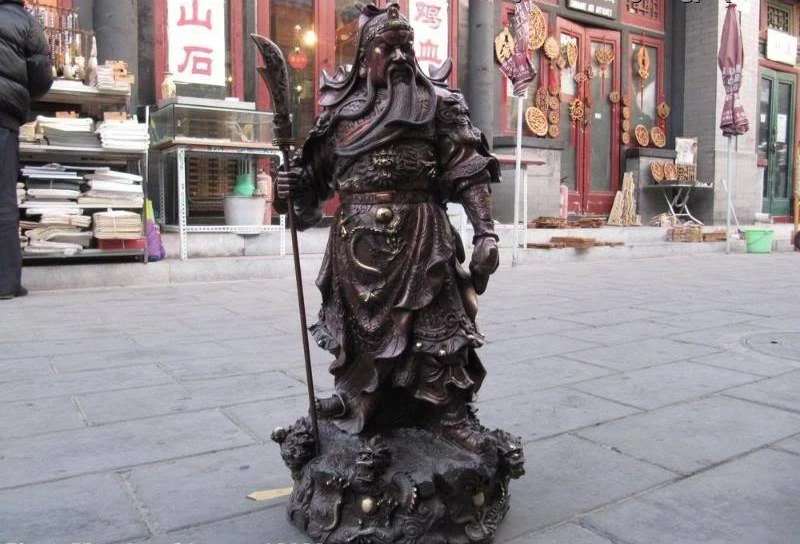 

28" Chinese Pure Red Copper Bronze Nine Dragon Guan Gong Guan Yu warrior Statue