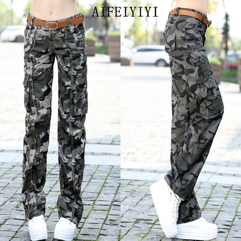 

2019 Spring Women Workout Military Camouflage Cargo Jeans Pants Combat Denim Overalls Ladies Straight Multi-pocket Trousers