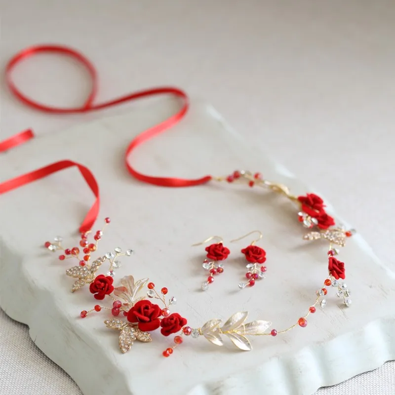 

Jonnafe Red Rose Floral Bridal Headband Tiara with Earrings Gold Leaf Headpiece For Women Party Prom Wedding Hair Accessories