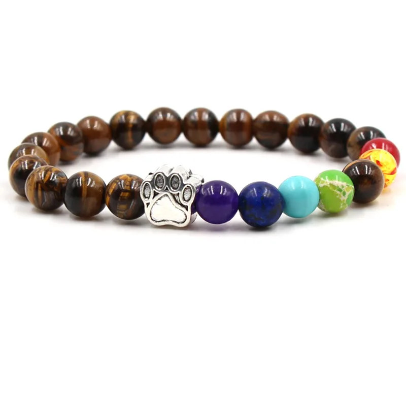 

Natural Stone Tiger Eye 7 Chakra Cat Dog Hand Paw Bracelets Bangles Yoga Balance Beads Buddha Prayer Bracelet Men pulseira