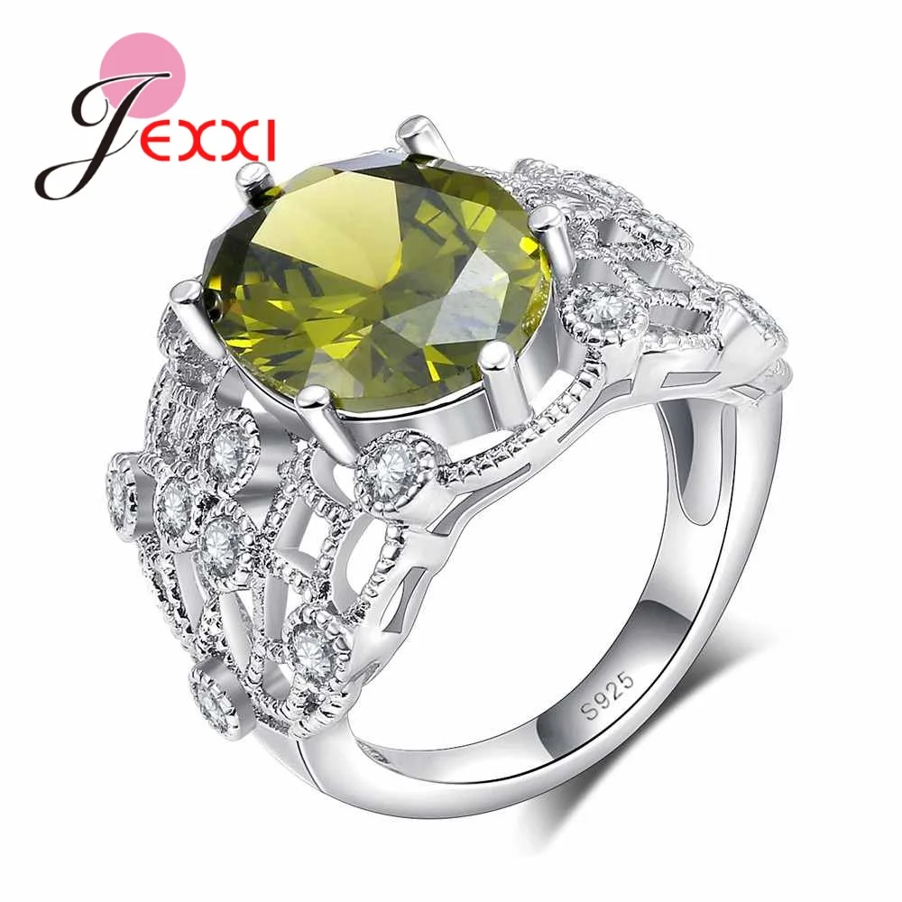 

JEXXI 925 Sterling Silver Big Green Stone Ring Luxurious Crystal Rings For Women Vintage Jewelry Wife Mother Birthday Gifts
