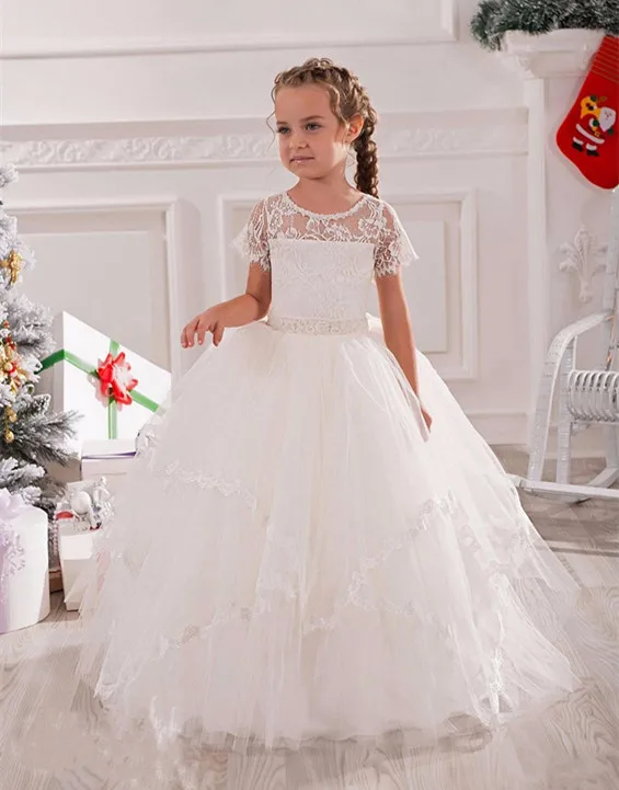 

WhiteLace Tulle Flower Girl Dress for Wedding with Belt Beading Holy First Communion Dress Short Sleeves Illusion Neck Vestidos