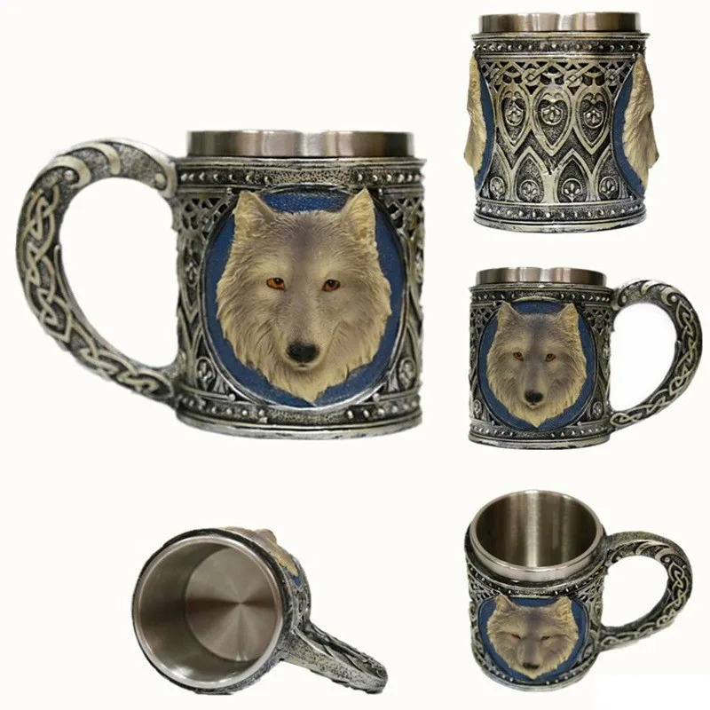 

Wolf Drinking Mug 350ml Double Wall Stainless Steel 3D Skull Mugs Coffee Cup Skull Knight Tankard Drinking Cup Canecas