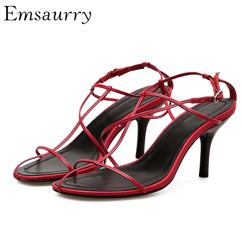 

Sexy Summer Open Toe High Heel Sandals Women Red Narrow Band Real Leather Open Toe Shallow Shoes Zapatos Mujer