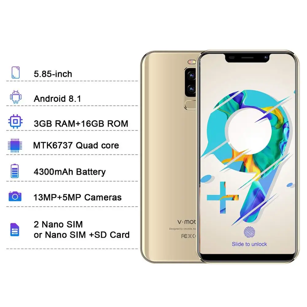 4G LTE TEENO VMobile S9 Mobile Phone Android 8 1 3GB 16GB 5 84 19 9 2