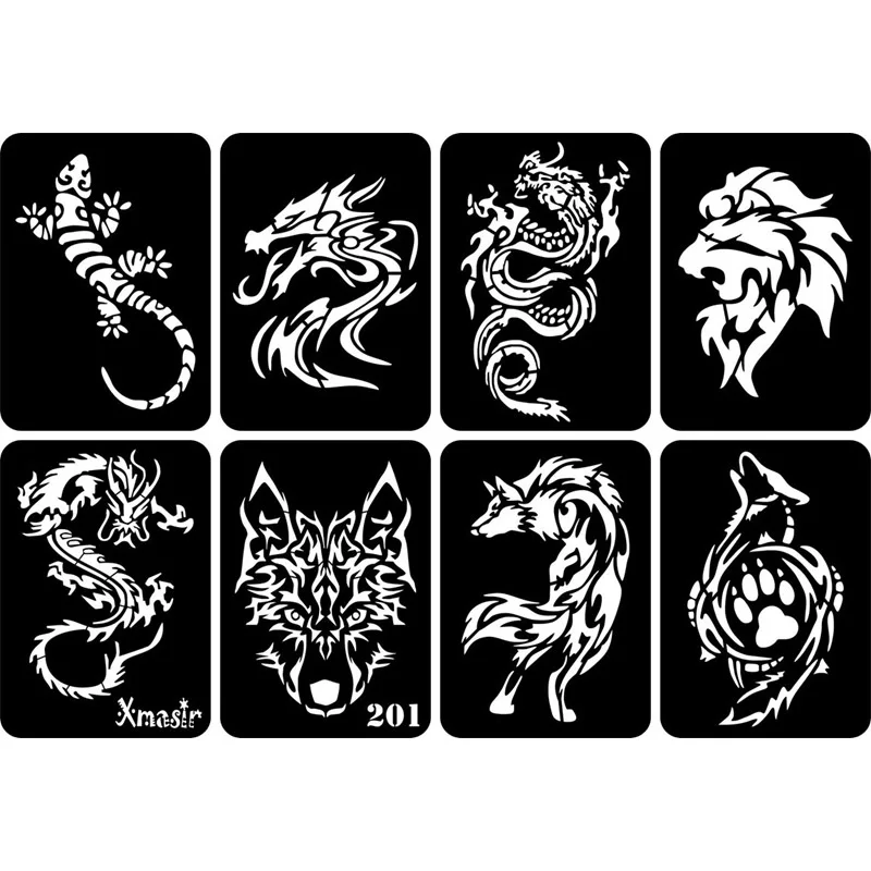 Airbrush Tattoo Stencil tattoo sticker henna tattoo stencils temporary tattoo sticker 32pcs/lot For Man Boy Body Painting Dragon Skull Wolf Eagle Self-Adhesiver Tattoo Sticker Templates