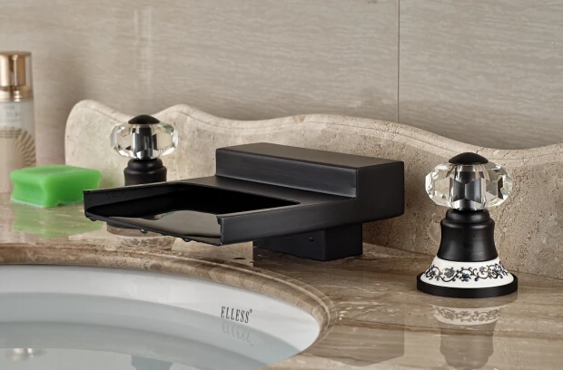 

Modern Oil Rubbed Bronze Bathroom Waterfall Basin Faucet Sink Mixer Deck Mount 2 Crystal Handles
