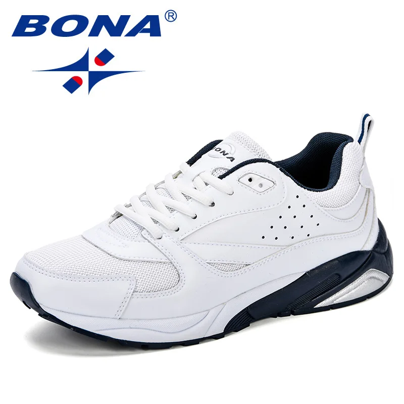 BONA/сезон осень-зима; Мужская обувь для бега; спортивная обувь высокого качества; дышащая спортивная обувь с мягкой подошвой для мужчин; Manzapatos De Hombre - Цвет: White deep blue
