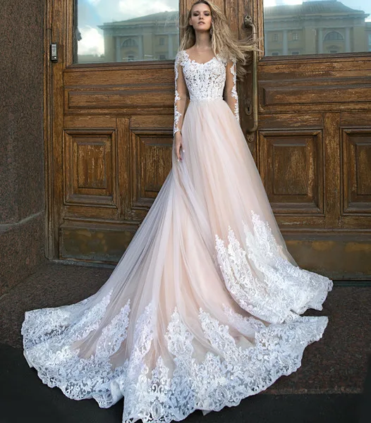 

Elegant long sleeve Wedding Dresses bling beading sequined lace applique Bridal Gowns wedding gowns Vestidos De Novia