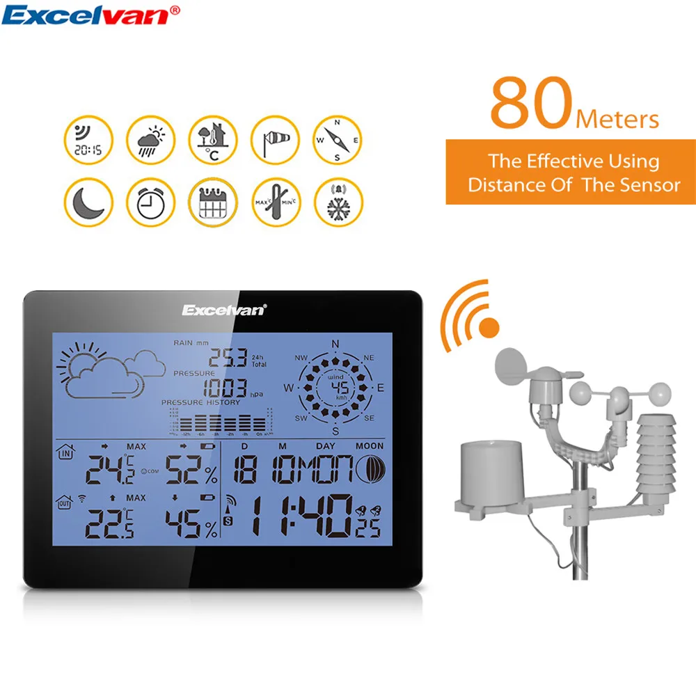 EXCELVAN Wireless Weather Station With Forecast Temperature Wind Speed & Rain Humidity Barometer Moon Phase Alarm Clock02