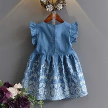 Платье для девочек; детская одежда; платья; летнее повседневное хлопковое платье с расклешенными рукавами; джинсовое праздничное платье принцессы с вышивкой; vestidos