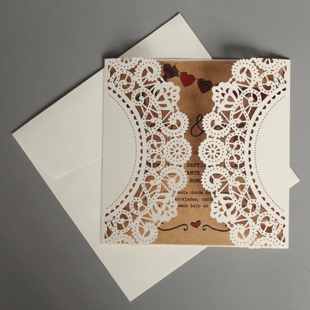  Rustic Wedding Invitation Ivory Lace Wedding Invite Kraft Paper Invitation Cards - Set of 50 pcs - 32898201540