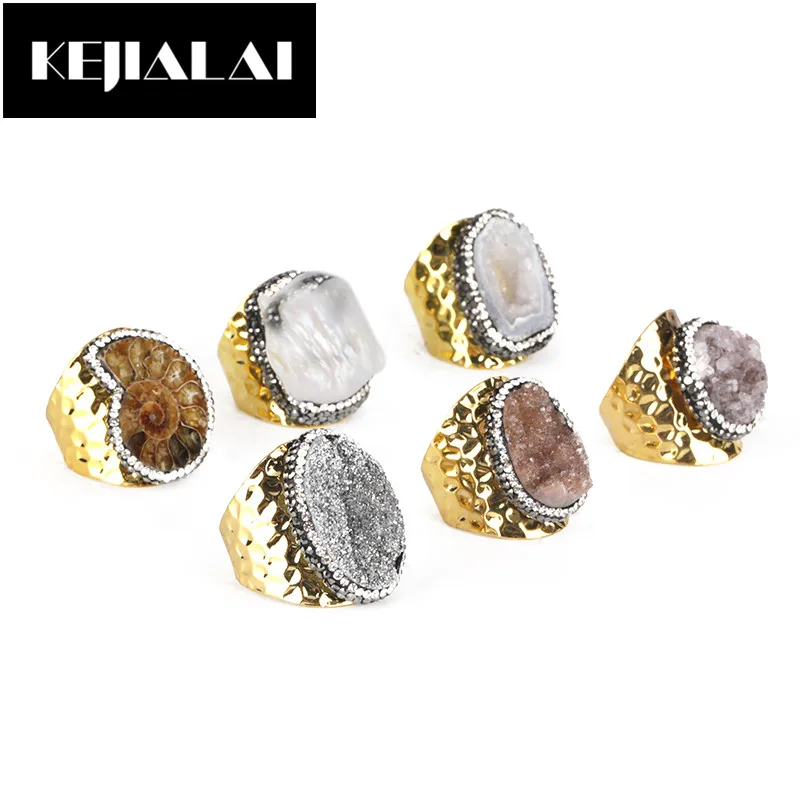 

KEJIALAI Punk Style Metal Rings Paved with Natural Stone Rings for Men and Women Unisex Druzy Crystal Pearl Shell Ring Gift