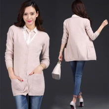 Новая мода весна осень кашемировый смешанный кардиган женский длинный рукав вязаный свободный жакет длинное пальто кардиган свитер