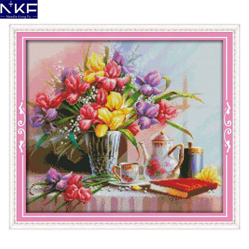

NKF Beautiful Flowers Painting Pattern Craft Painting Needlework Cross Stitch Embroidery Printed Design Stitching Home Decor