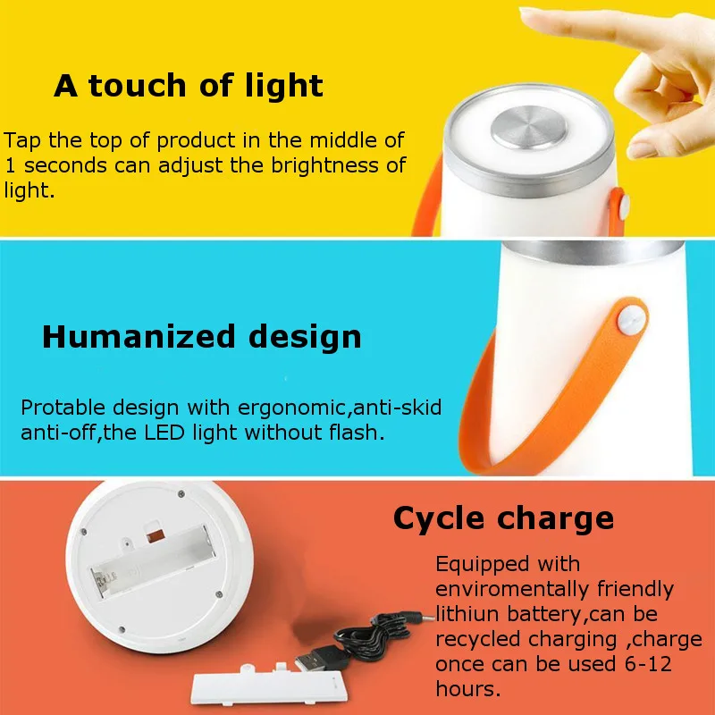 Перезаряжаемый с регулируемой яркостью USB светодиодный походный фонарь ночной Светильник для спальни светильники прикроватных тумбочек наружные теплые светильники сенсорный выключатель