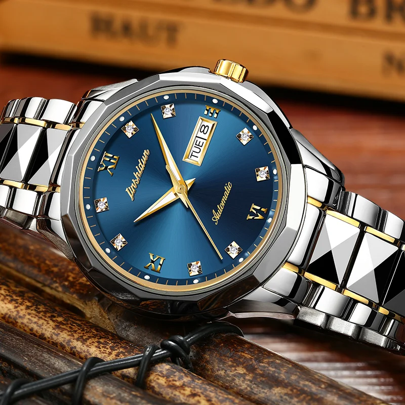 JSDUN Лидирующий бренд роскошные часы Мужские автоматические механические мужские часы водонепроницаемые черные вольфрамовые стальные модные римские мужские часы новые
