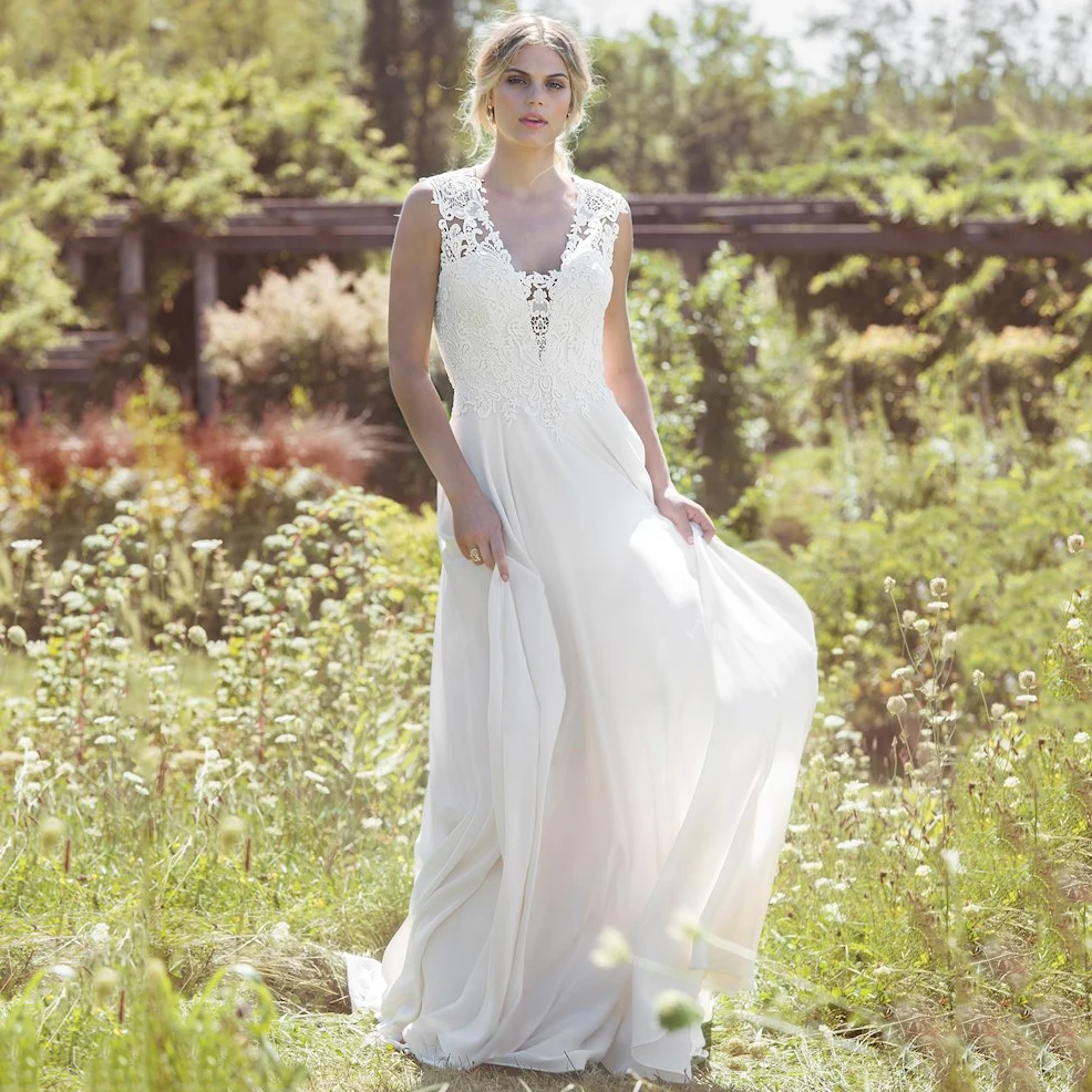 

Illusion Back Bohemia Chiffon Elegant Wedding Dresses 2019 Sexy V-Neck A-Line Lace Appliques Boho Wedding Dress Bridal Dresses