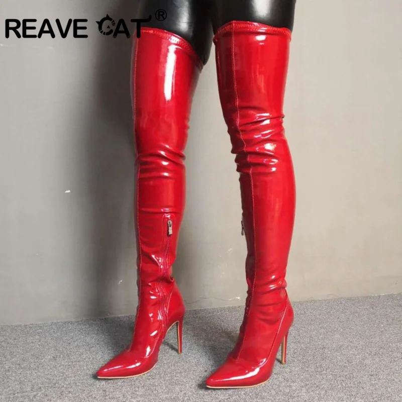 REAVE CAT/Новинка женские Сапоги выше колена ботфорты из эластичной лакированной