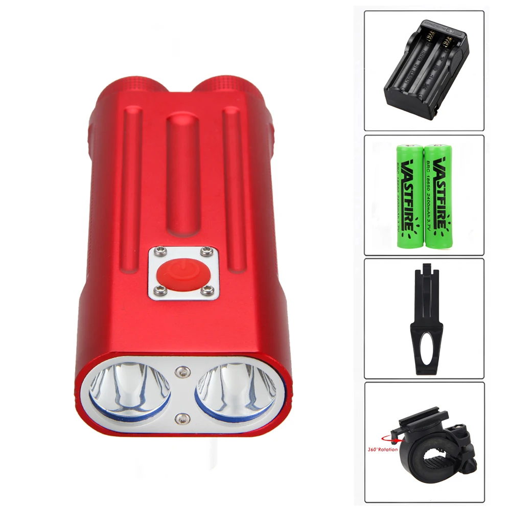 Best Aluminum 2x XM-L T6 LED Light Front Bike Headlight 7 ModesCycling Lamps+2x Rechargeable 3.7v 18650 2400mah Battery+Charger 1