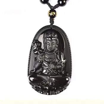

Black Hand-carved Natural Obsidian Buddha Horse Amulet Pendant With Necklace