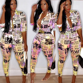 

Colorful Newspaper Print 2 Piece Sets Women Fall Long Sleeve Shirts Top and Pants Suit Streetwear Two Piece Matching Set Outfits