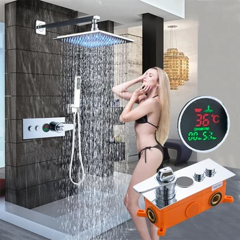 

Chrome LED 8"/10"/12" Shower Faucet Mixer Sets Thermostatic Display Screen Wall Mounted Handshower Hot&Cold Two Function Switch