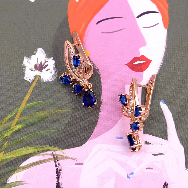Женские серьги-капли с голубыми камнями в виде листьев из 585 золота, изящные корейские серьги с натуральным цирконием для девочек, модные элегантные ювелирные изделия esp09