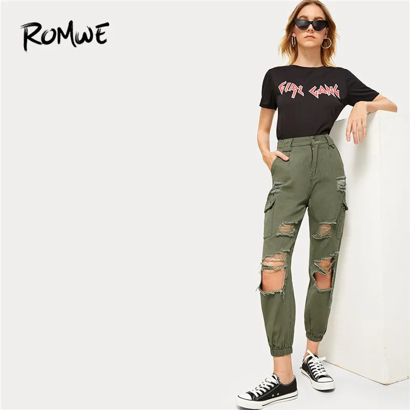 ROMWE, армейский зеленый, высокая талия, уличная, рваные, укороченные джинсы, женские, на пуговицах, с карманами, с деталями, однотонные, летние, Карго, джинсовые штаны