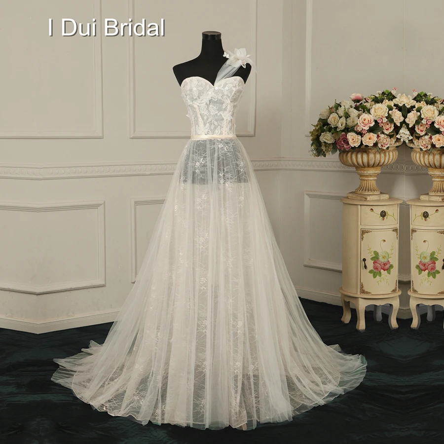 

A Line One Shoulder Illusion Lace Wedding Dresses Unique Design Factory Real Photo Handmade Flower Beaded Delicate