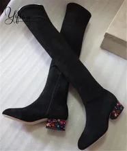 YIFSION New Genuine Leather Women Over the Knee Boots Round Toe Side Zip Crystal Low Heel Women Autumn Winter Boots Shoes Woman woman genuine leather platform square heel knee high boots round toe side zipper dress winter boots black