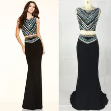 Fashion luxury pom dresses with slim o neck crystal beaded 2 piece womens black pageant gown for party vestidos de festa