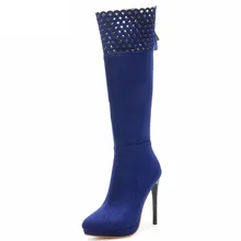 Большие размеры 34-45, сапоги до колена с вырезами женская обувь женские модные вечерние сапоги на высоком каблуке осень-зима обувь синего, черного, красного цвета