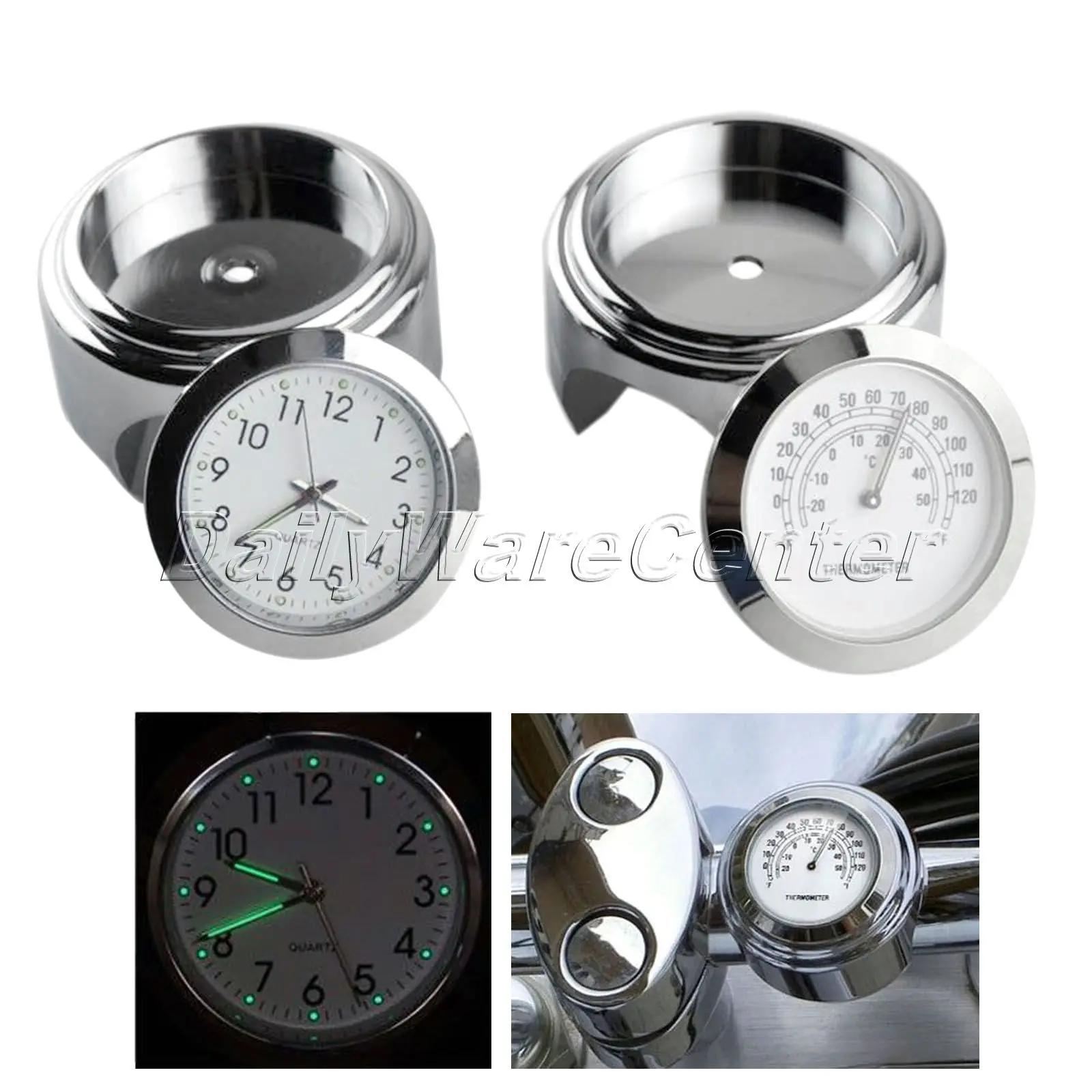 7/8" 1" Waterproof Motorcycle White Handlebar Mount Dial Clock Watch+Temp Thermometer for Harley Yamaha MotorBike Accessories