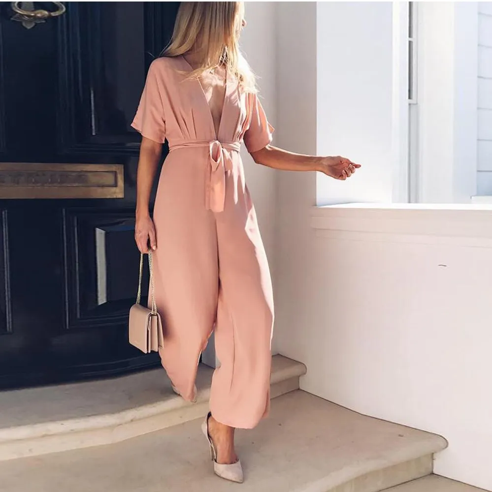 

Women Fashion Sexy V Neck Solid Jumpsuit Casual Wide Leg Pants Sashes Decorate Rompers Female Basic Playsuits